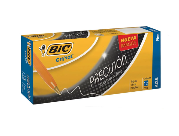 Pluma Bic Contabilidad Amarilla C/Tapa 0.8 Mm Azul C/12Pz
