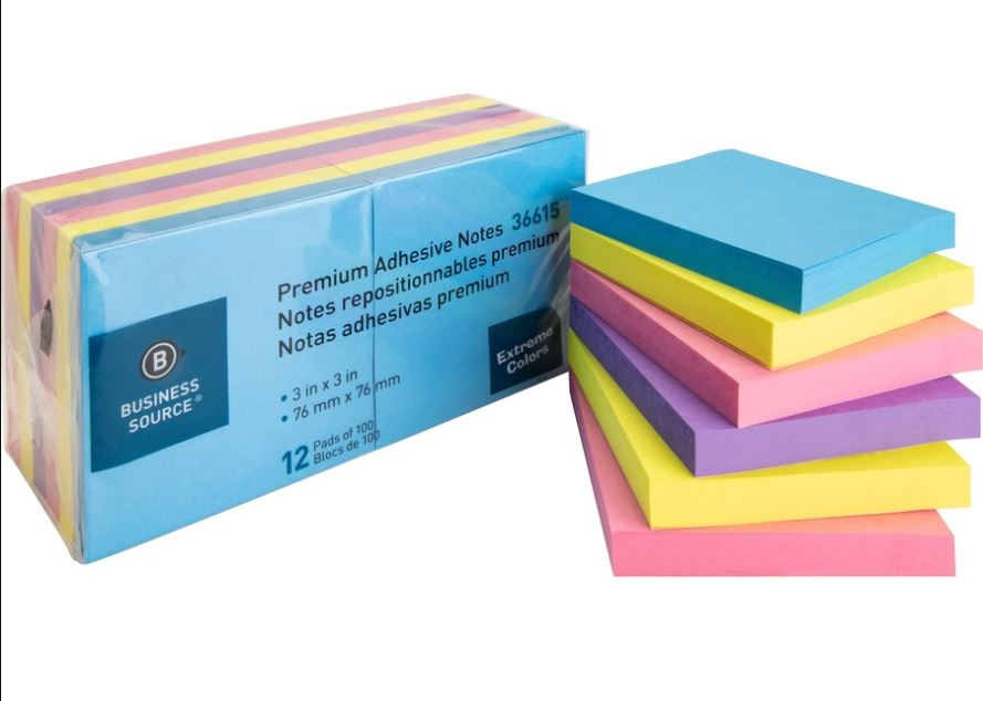 Notas Papel C/Adhesivo Business Source 3X3" Brilloso Surtido C/12Pz