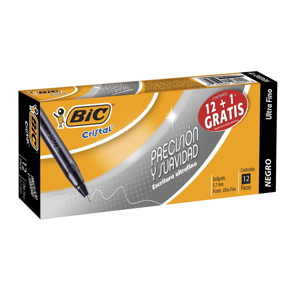 Pluma Bic Cristal .7Mm Punto Fino Negro C/12Pz + 1