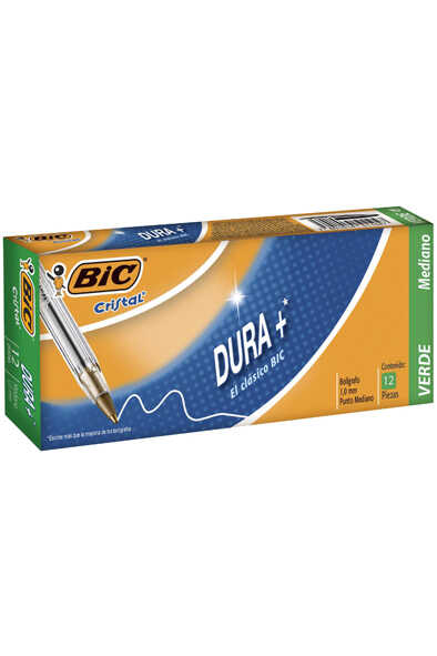 Pluma Bic Clasica Cristal C/Tapa .7Mm Punto Medio Verde C/12Pz