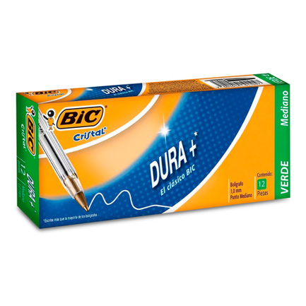Pluma Bic Clasica Cristal C/Tapa .7Mm Punto Medio Verde C/12Pz