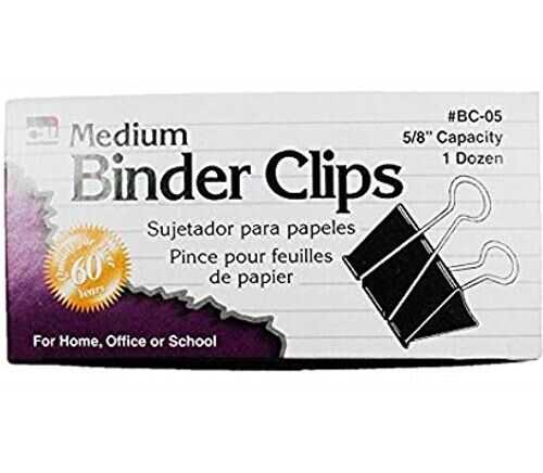 Broche Binder Clip Charles Leonard Mediano 1-1/4"Ancho 5/8"Capacidad C/12Pz