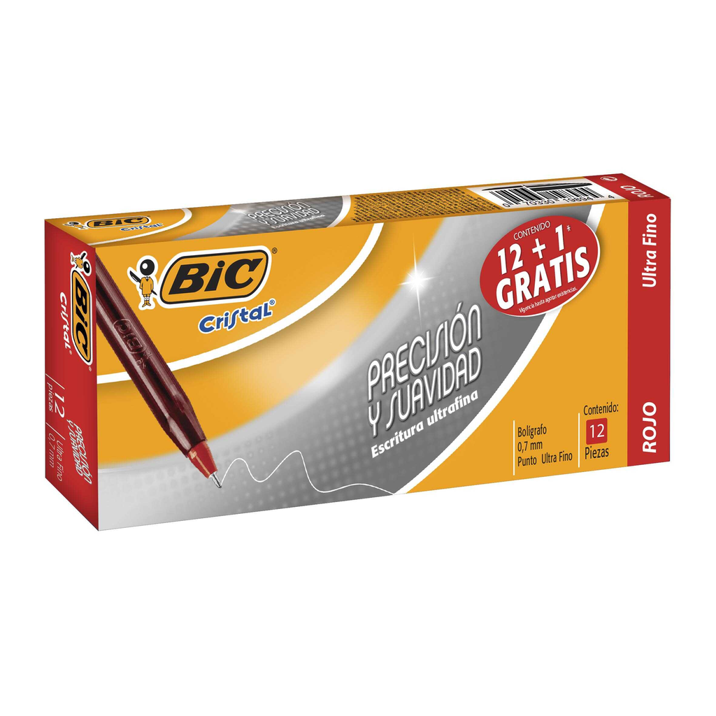 Pluma Bic Cristal .7Mm Rojo C/12 + 1Pieza