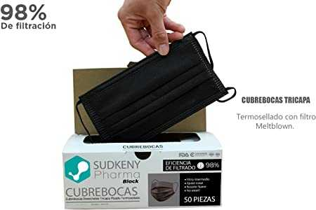 Cubrebocas Tela 3 Capas Termosellada Negra C/50Pz