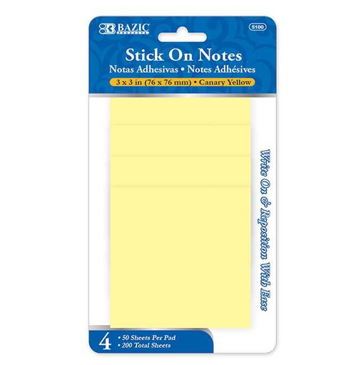 [BZC5100] Bazic 50 Ct. 3" X 3" Yellow Stick On Notes (4/Pack