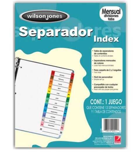 [WLJP1368] Separador Wilson Jones T/C Blanco Enero - Diciembre Ceja Multicolor 