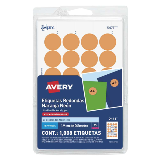 [AVE2111] Etiqueta Avery Redonda 3/4" Naranja Fluorescente C/1008Pz