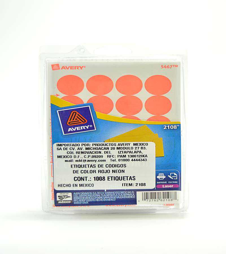 [AVE2108] Etiqueta Avery Redonda 3/4" Rojo Fluoresc C/1008Pz