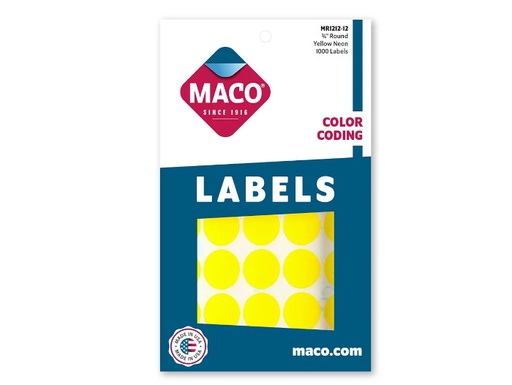 [MACMR121212] Etiqueta Maco Redonda 3/4" Amarillo Fluorescente C/1000Pz