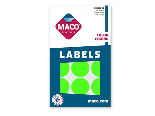 [MACMR2020GG] Etiqueta Maco Redonda 1-1/4" Verde Fluorescente C/400Pz