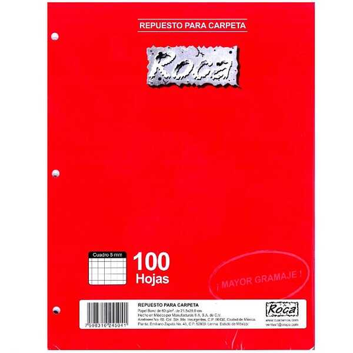 [ROC4704] Papel Bond Roca T/C Para Carpeta 3 Hoyos Cuadro 7Mm 100 Hojas